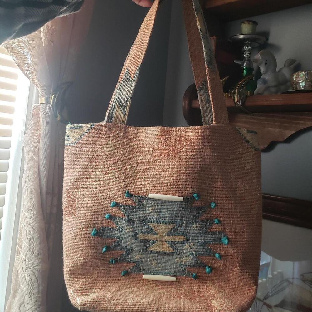 Vintage Carolyn Miller Southwestern Canvas Mini Shoulder Tote Bag Purse w Beads